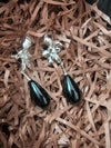 Silver Flower Black Resin Teardrop Drop Earrings