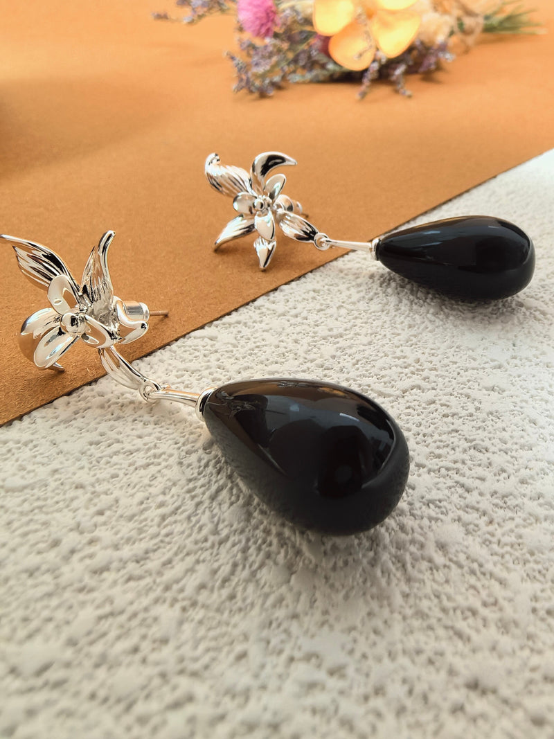 Silver Flower Black Resin Teardrop Drop Earrings