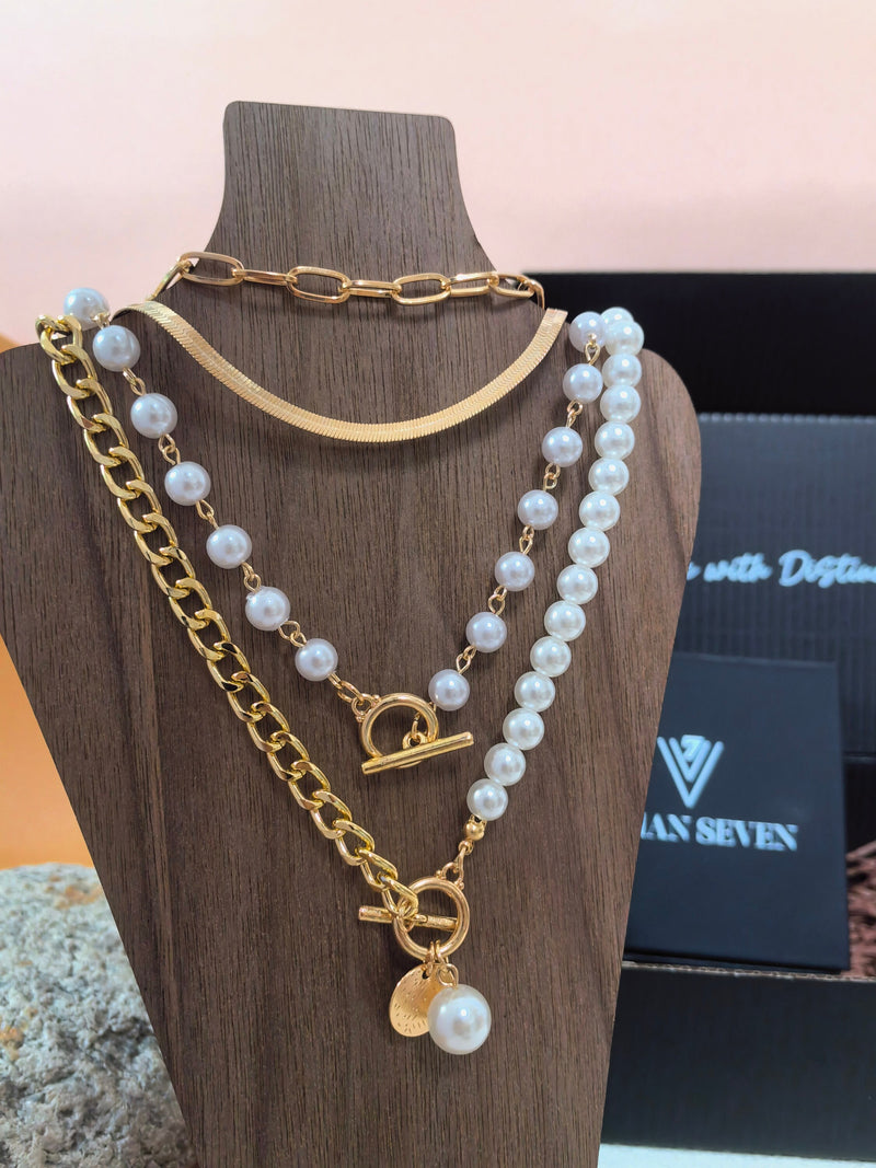 Multi-Strand Layered Imitation Pearl Bead Chain Charm Necklace