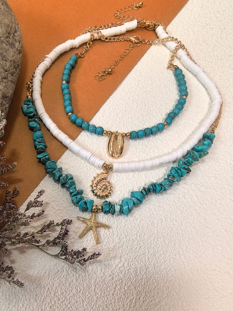 Boho Multi-Strand Layered Turquoise Stone Bead Pendant Charm Necklace