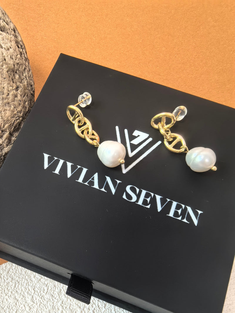 Gold Chain Pearl Chain Link Drop Dainty Earrings