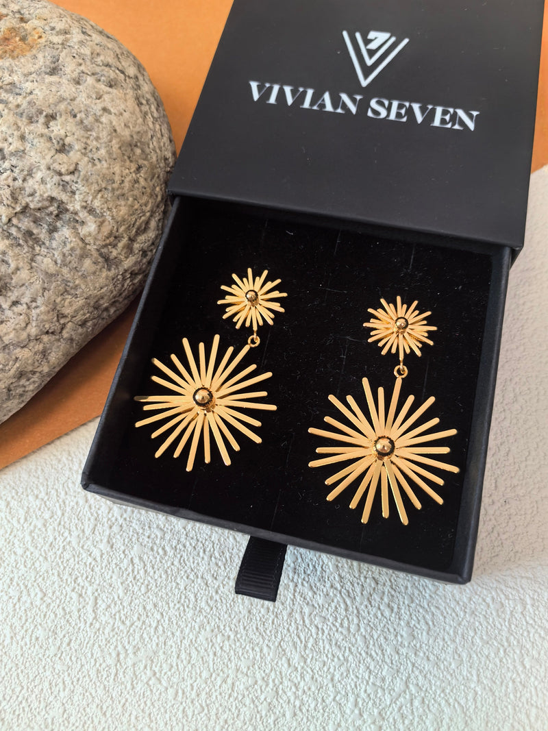 Sunburst 18K Gold Plate Drop Statement Earrings