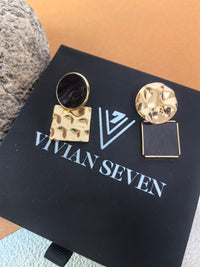 Chic Irregular Gold Black Crinkle Disc Square Drop Earrings