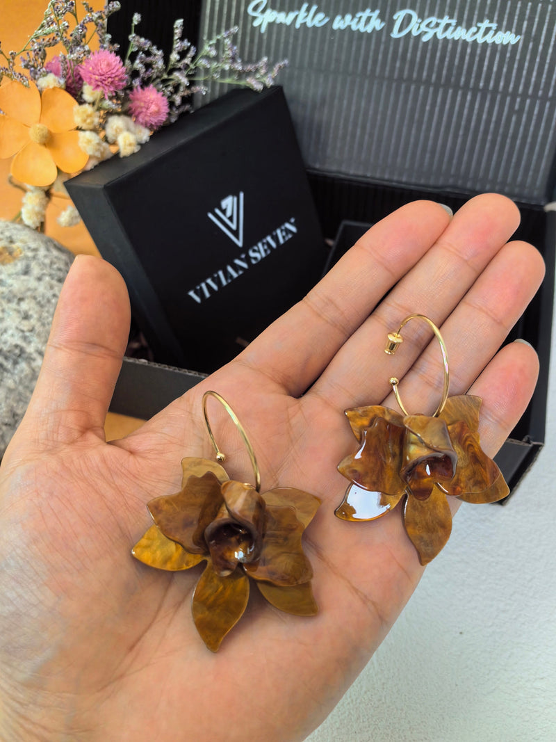 Brown Resin Flower Pull Through Hoop Drop Statement Floral Dangle Earrings