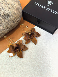 Brown Resin Flower Pull Through Hoop Drop Statement Floral Dangle Earrings