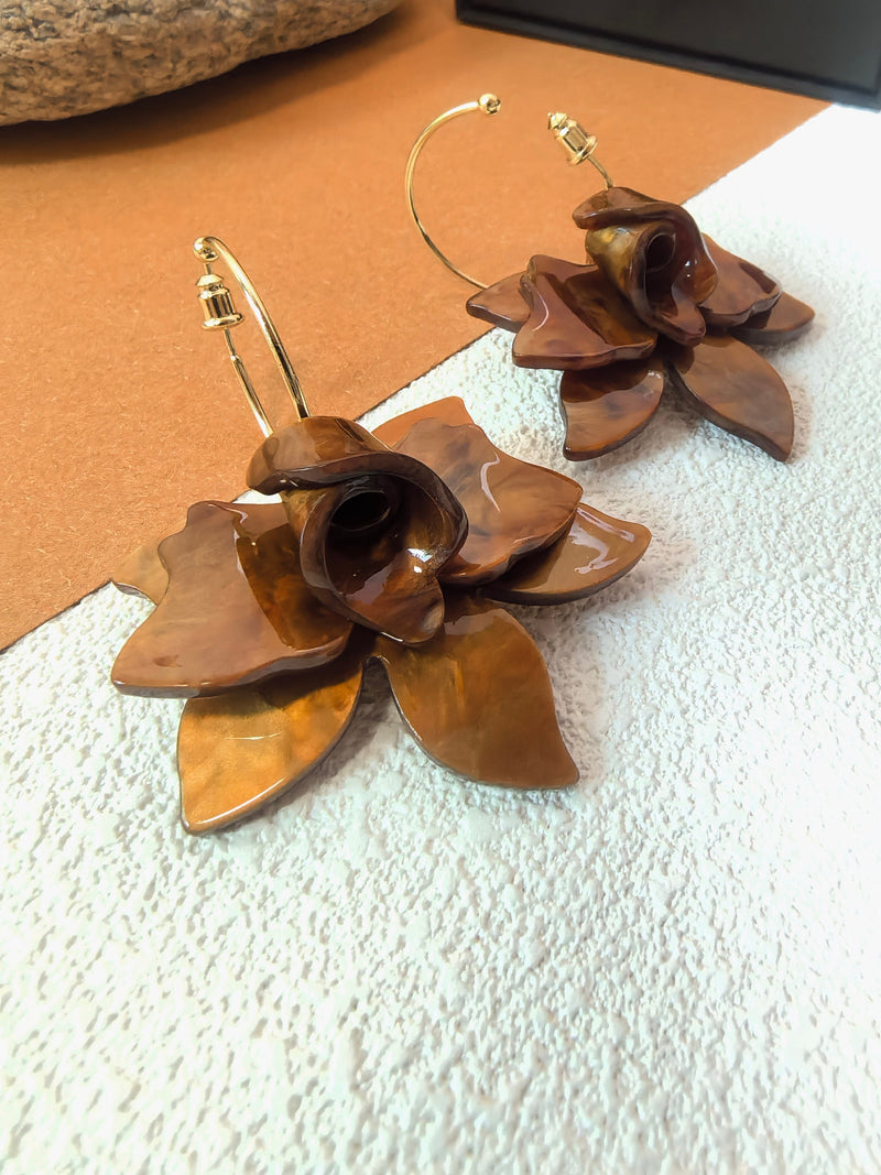 Brown Resin Flower Pull Through Hoop Drop Statement Floral Dangle Earrings