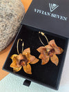 Brown Resin Flower Pull Through Hoop Drop Statement Floral Dangle Earrings