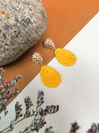 Boho Yellow Raffia Woven Teardrop Drop Earrings