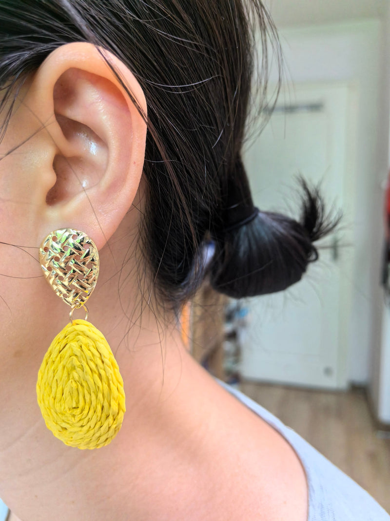 Boho Yellow Raffia Woven Teardrop Drop Earrings