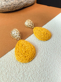 Boho Yellow Raffia Woven Teardrop Drop Earrings