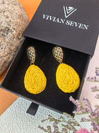 Boho Yellow Raffia Woven Teardrop Drop Earrings