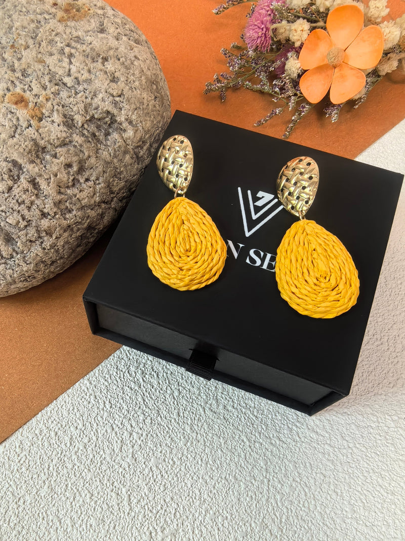 Boho Yellow Raffia Woven Teardrop Drop Earrings