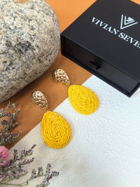 Boho Yellow Raffia Woven Teardrop Drop Earrings