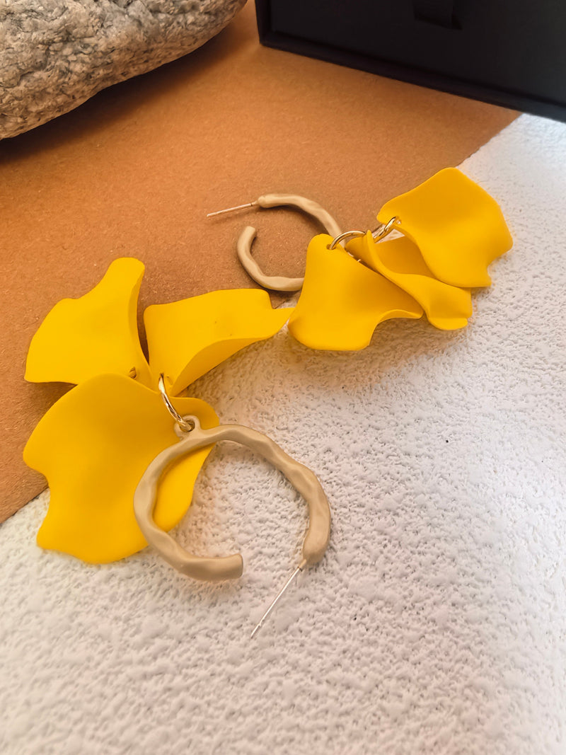 Yellow Floral Petal Huggie Hoop Drop Statement Earrings