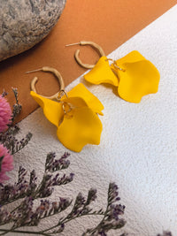 Yellow Floral Petal Huggie Hoop Drop Statement Earrings