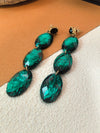 Green Triple Acrylic Rhinestone Stone Oval Linear Drop Dangle Statement Earrings