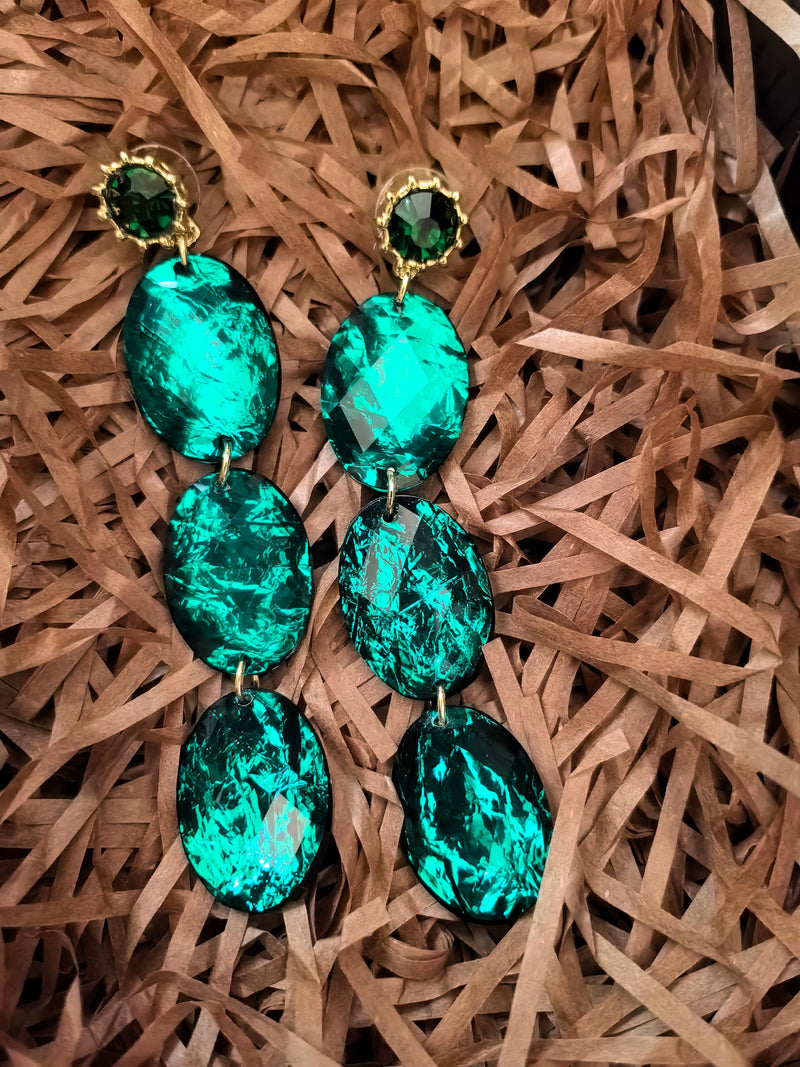 Green Triple Acrylic Rhinestone Stone Oval Linear Drop Dangle Statement Earrings