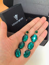 Green Triple Acrylic Rhinestone Stone Oval Linear Drop Dangle Statement Earrings