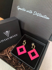 Gold Crinkle Fuchsia Acrylic Geometric Square Drop Statement Earrings