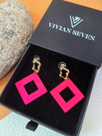 Gold Crinkle Fuchsia Acrylic Geometric Square Drop Statement Earrings