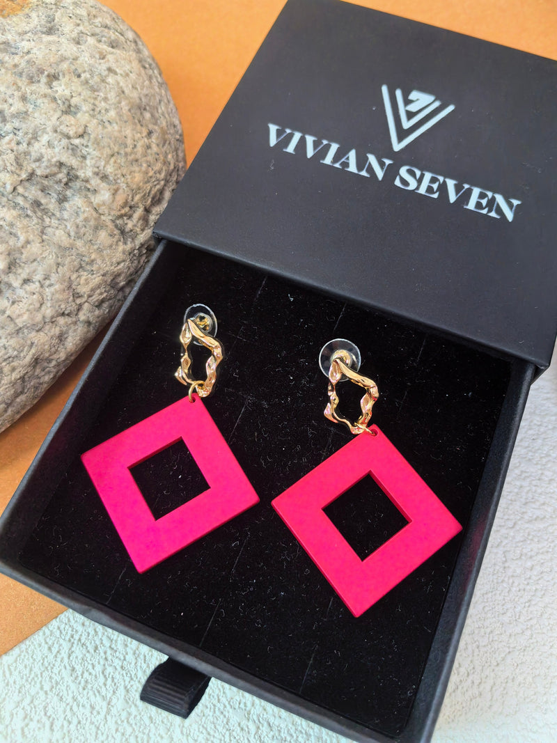 Gold Crinkle Fuchsia Acrylic Geometric Square Drop Statement Earrings