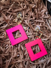 Gold Crinkle Fuchsia Acrylic Geometric Square Drop Statement Earrings