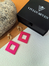 Gold Crinkle Fuchsia Acrylic Geometric Square Drop Statement Earrings