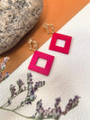 Gold Crinkle Fuchsia Acrylic Geometric Square Drop Statement Earrings