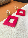 Gold Crinkle Fuchsia Acrylic Geometric Square Drop Statement Earrings