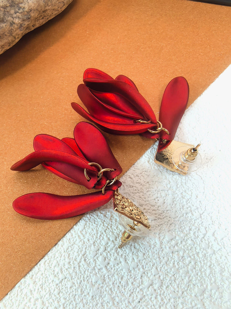 Red Petal Flower Tassel Drop Dangle Statement Earrings