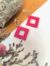 Gold Crinkle Fuchsia Acrylic Geometric Square Drop Statement Earrings