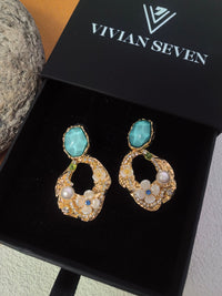 Rhinestone Pearl Floral Deco Hoop Drop Statement Earrings