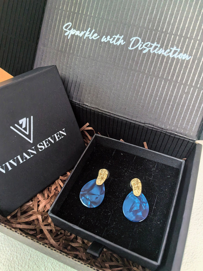 Crinkle Hammered Blue Teardrop Disc Gold Blue Drop Earrings