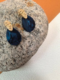 Crinkle Hammered Blue Teardrop Disc Gold Blue Drop Earrings