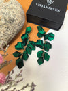 Green Petal Chain Linear Statement Dangle Long Drop Earrings