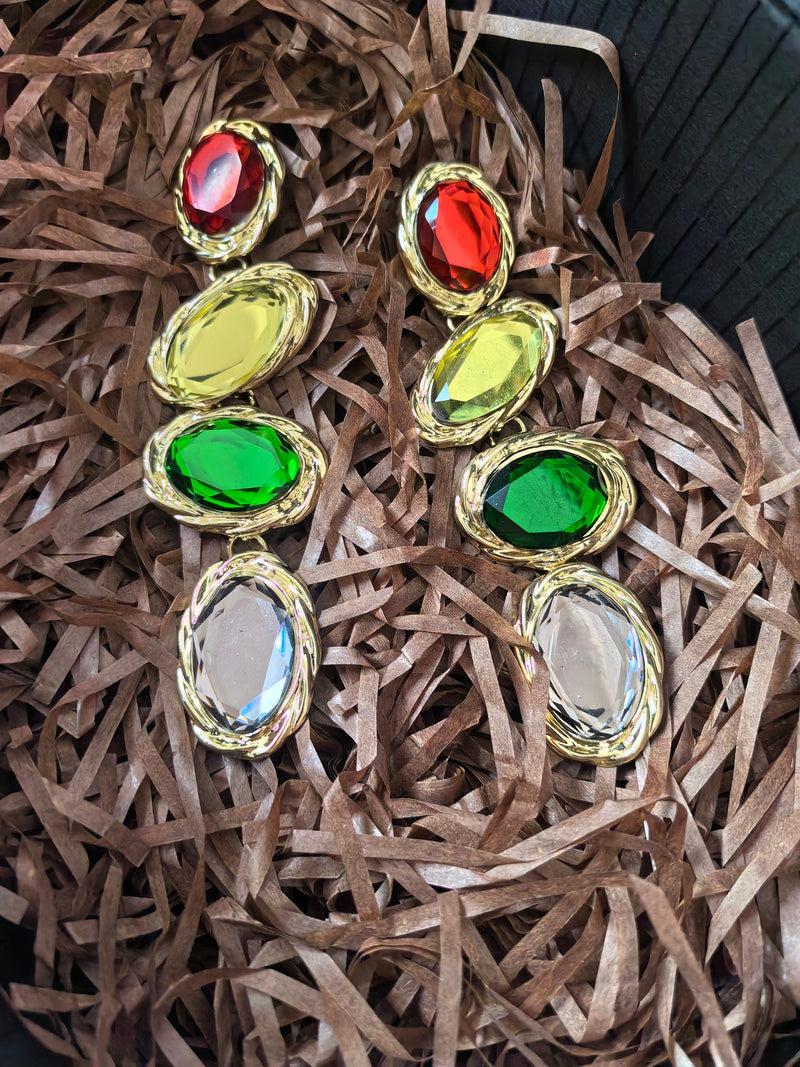 Colorful Oval Rhinestone Linear Drop Dangle Statement Earrings