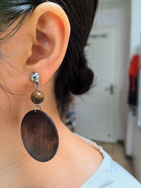 Boho Brown Wood Bead Disc Drop Statement Earrings