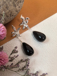 Silver Flower Black Resin Teardrop Drop Earrings