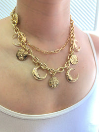 Double Strand Gold Sun & Moon Charms Layered Necklace