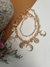 Double Strand Gold Sun & Moon Charms Layered Necklace