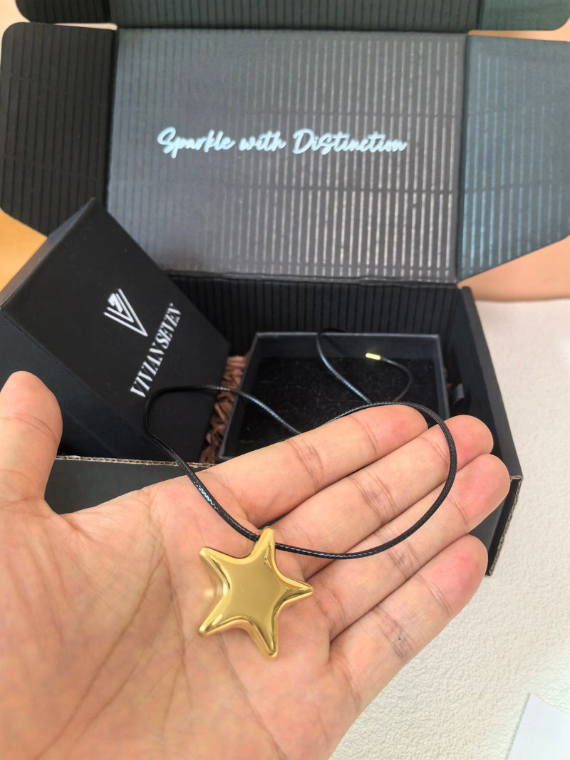 Minimalist Black Rope Gold Star Pendant Necklace