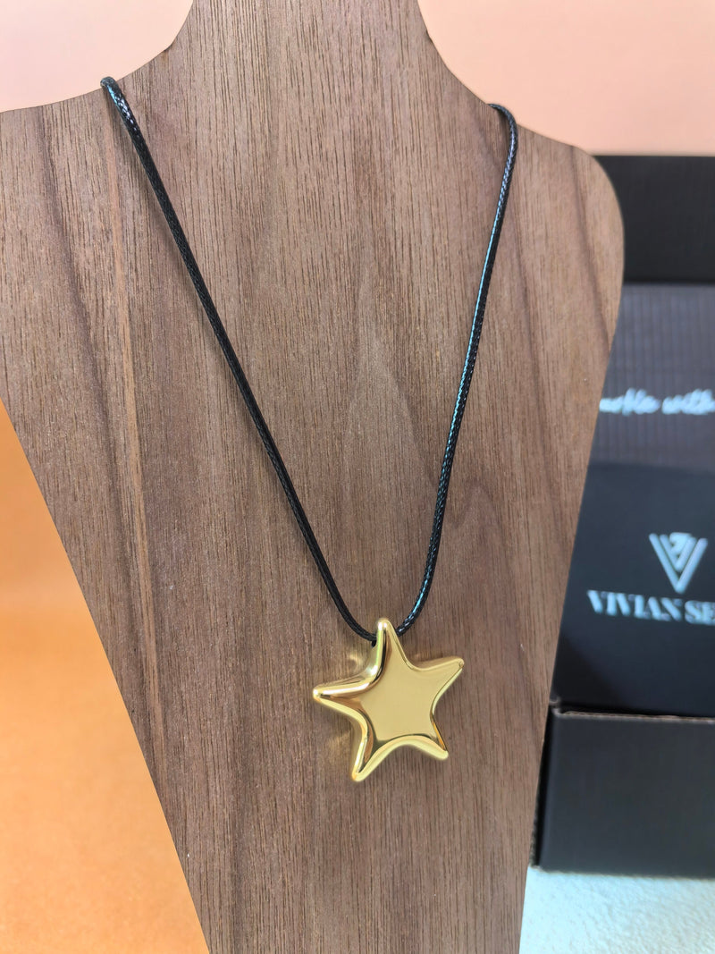 Minimalist Black Rope Gold Star Pendant Necklace