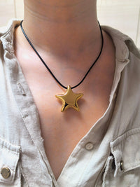 Minimalist Black Rope Gold Star Pendant Necklace