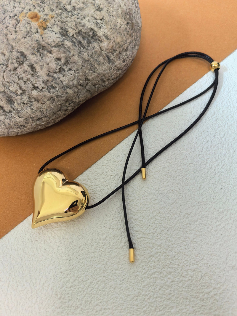 Minimalist Gold Heart Pendant Black Cord Necklace