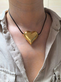 Minimalist Gold Heart Pendant Black Cord Necklace