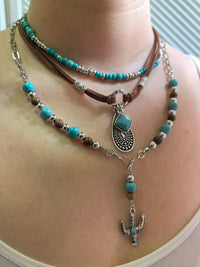 Layered Cord Imitation Turquoise Stone Beaded  Pendant Necklace Set