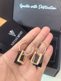 Rose Gold Black Titanium Steel Hoop Rectangle Drop Dangle Earrings