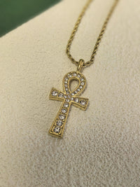 Stainless Steel Rope Chain Rhinestone Ankh Cross Pendant Necklace