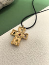 Black Rope Gold Plate Titanium Steel Rhinestone Cross Pendant Statement Necklace