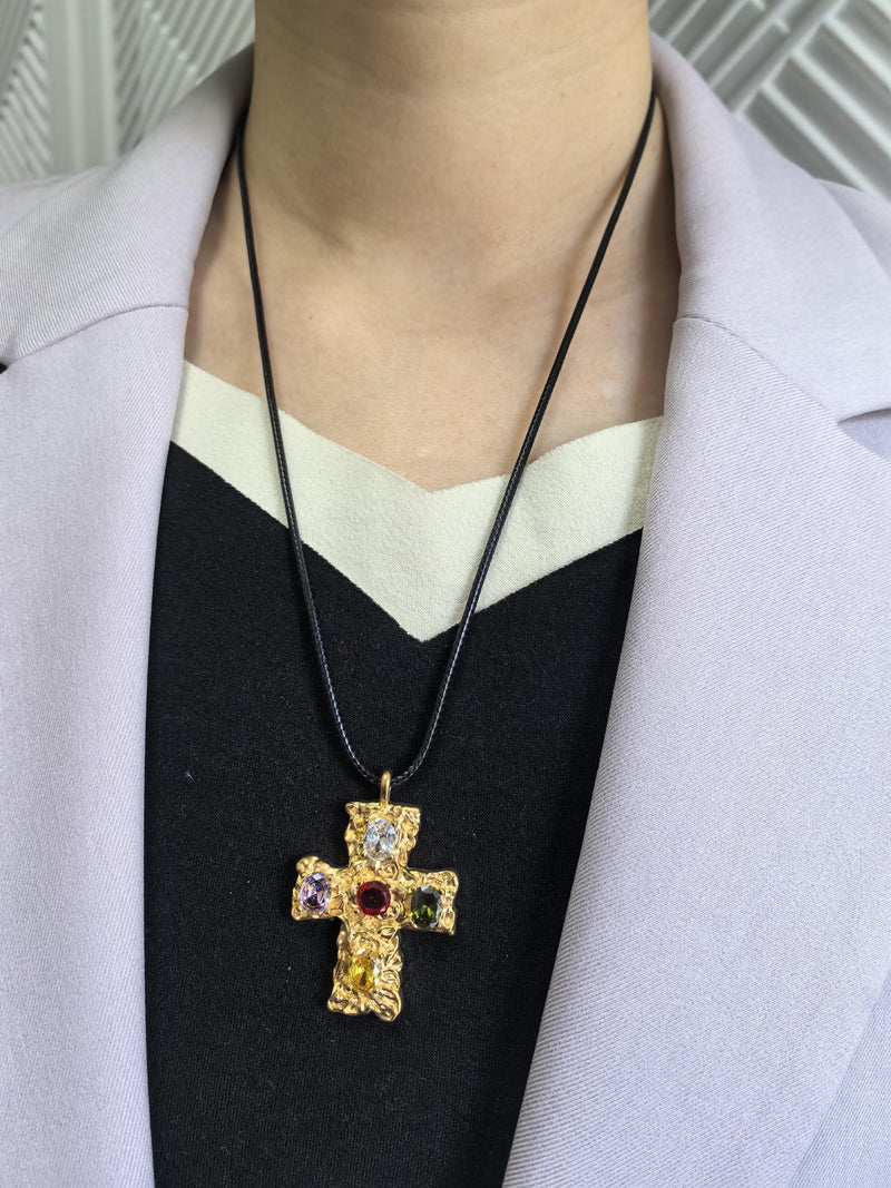 Black Rope Gold Plate Titanium Steel Rhinestone Cross Pendant Statement Necklace